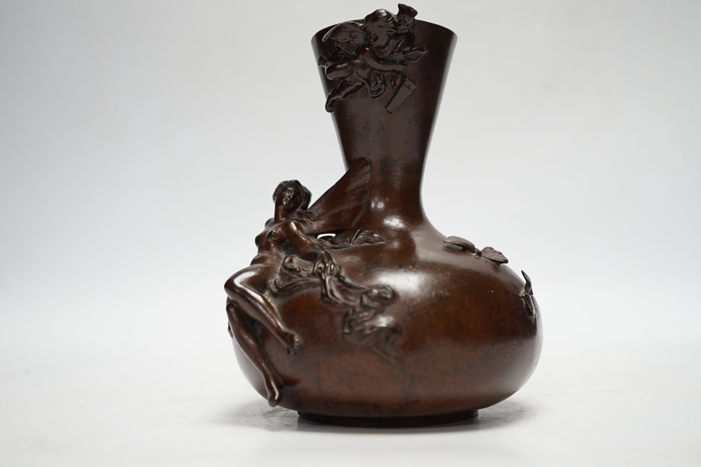 A Barbedienne bronze vase after L. Barrias with applied fairies, butterflies and cherub, 14cm